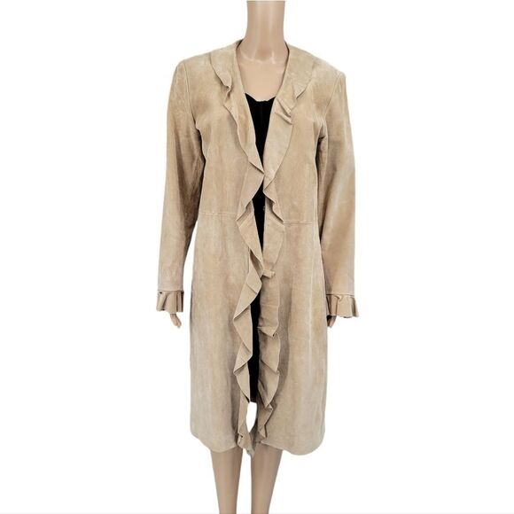 Boston Proper 90s Y2k Tan Suede Leather Trench Long Duster Jacket Boho Western - Picture 2 of 16
